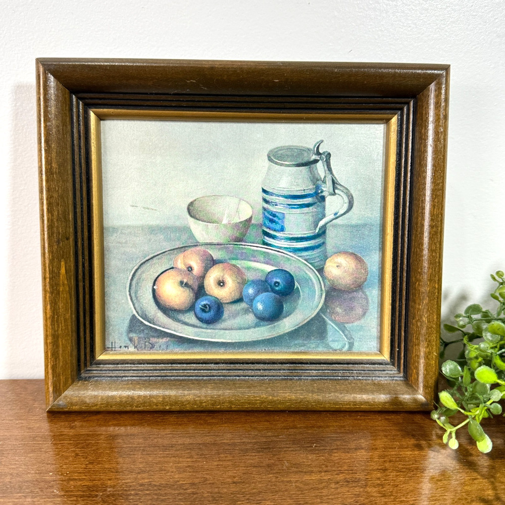 Vintage Henk Bos Fruit Still Life Textured Print Framed Dutch Art Blue Pitcher